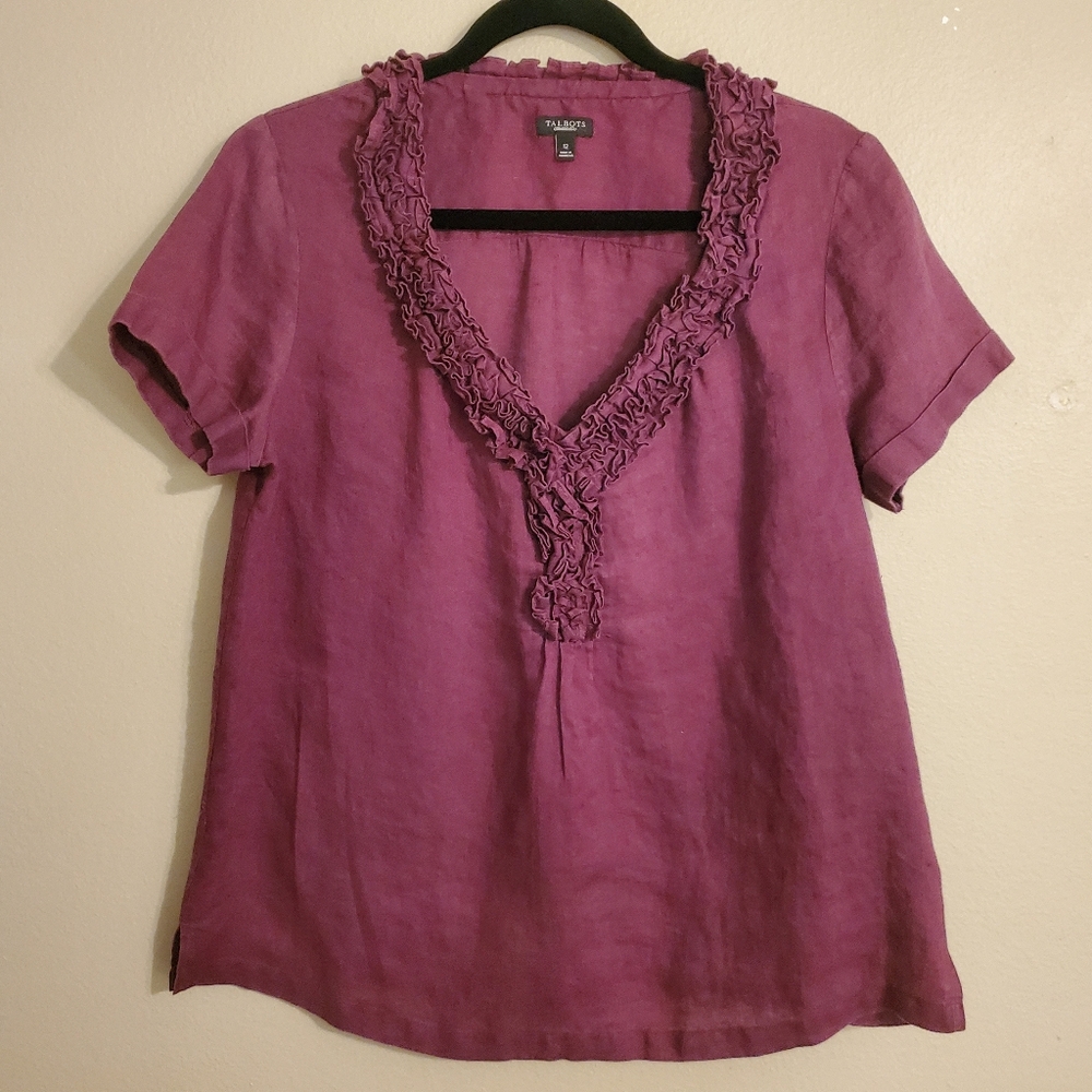 TALBOTS Eggplant 100%‎ Linen Ruffle Vneck Short Sleeve Blouse Women's Size 12